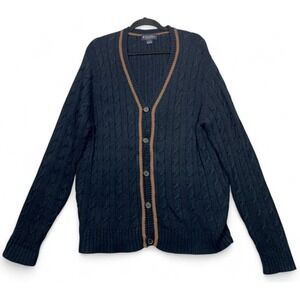Brooks Brothers Cable Knit Cardigan Sweater Navy Blue Large Linen Cotton